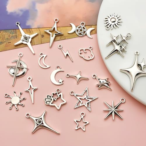 40Pcs Celestial Charm Set Stainless Steel Vintage Antique Silver Moon Star Sun Pendants for DIY Jewelry Making Necklaces Earrings Bracelets Boho Craft Supplies