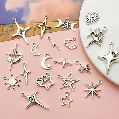 40Pcs Celestial Charm Set Stainless Steel Vintage Antique Silver Moon Star Sun Pendants for DIY Jewelry Making Necklaces Earrings Bracelets Boho Craft Supplies
