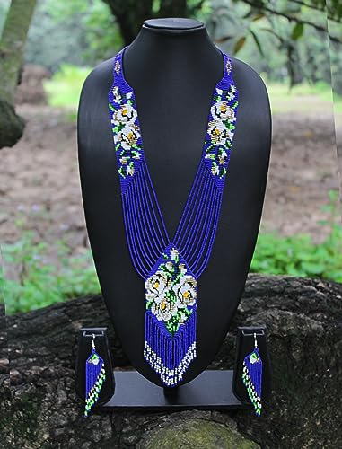 Long Beaded Necklace – Boho Native Handmade Seed Bead Tassel Necklace, Bohemian Large Statement Beaded Necklace for Women - color: Blue/
