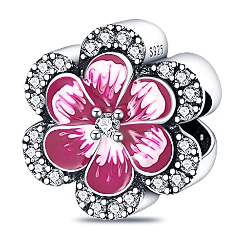 925 Sterling Silver Charms for Bracelets Necklaces Dangle Pendant With 5A Cubic Zirconias Bead Charm for Women DIY Jewelry - style: Red Lucky Flower Charm