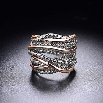 Mytys Wide Band Rings Twisted Rope Ring Two-Tone Mixed Metal Braided Statement Rings Fashion Jewelry for Women - color: Rose gold and silver