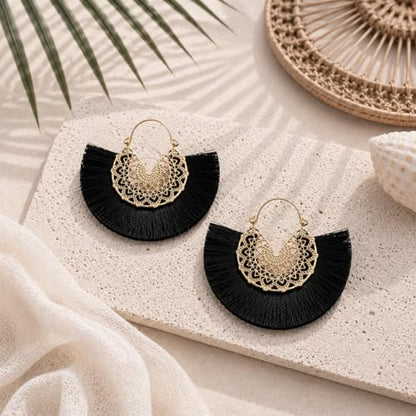Tassel Hoop Earring Statement Thread Dangle Earrings Stylish Long Fringe Drop Earrings Lightweight Long Swingy French Hook Earrings for Women - color: A Black