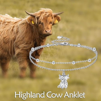 POPLYKE Frog/Pearl/Dragonfly/Ladybug/Highland Cow/Pearl/Moonstone Anklets Sterling Silver Double Layered Chain Beach Anklets for Women Foot Jewelry - style: Highland Cow Anklets