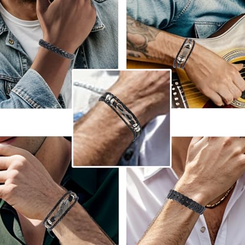 5 Pcs Braided Leather Bracelets for Men Women Woven Cuff Bracelet Adjustable - color: Silver Clasp