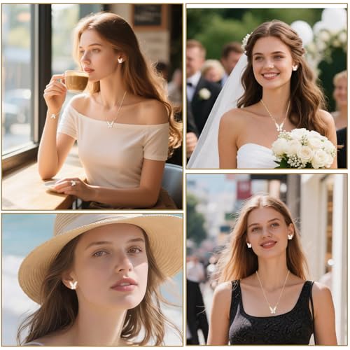 Butterfly Jewelry Set, Including Butterfly Necklace, Bracelet, Stud Earrings, and Adjustable Ring for Women - color: White