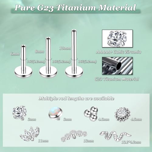 LOLIAS 16G G23 Titanium Tragus Conch Helix Piercing Jewelry 6mm 8mm 10mm - Internally Threaded Flat Back Stud Cartilage Earrings Hypoallergenic Forward Earlobe Labret Tragus Piercing Jewelry - color: Flower-Titanium