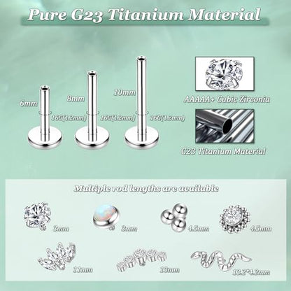 LOLIAS 16G G23 Titanium Tragus Conch Helix Piercing Jewelry 6mm 8mm 10mm - Internally Threaded Flat Back Stud Cartilage Earrings Hypoallergenic Forward Earlobe Labret Tragus Piercing Jewelry - color: 4 Leaf-Titanium