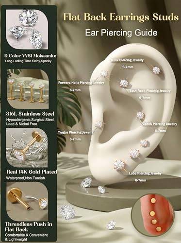LOLIAS 4Pairs Moissanite Flat Back Earrings Hypoallergenic Nose Rings Studs | Threadless,Push in,Flatback,Surgical Steel,Cartilage Helix Tragus Labret Piercing Jewelry,Taper Ball Grabber Tool 20G 18G 16G - color: Gold, size: 16G