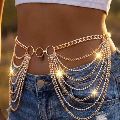 Rhinestone Chain Belt Silver Body Chains Jewelry for Women | Sparkly Diamond Waist Chain Belts Layered Punk Rave Body Accessories - color: Gold