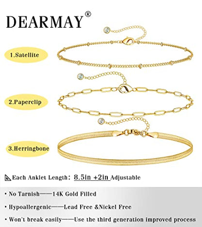 DEARMAY Gold Anklets for Women Waterproof | Non Tarnish14K Gold Plated Ankle Bracelets Set Stack, Summer Beach Jewelry Gifts for Vacation - color: Gold Anklet-F