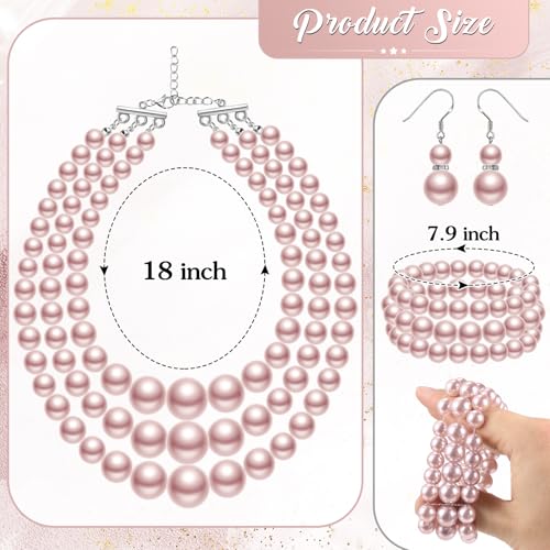Haysandy Pearl Jewelry Set for Women 20s Jewelry Gift | Retro Layered Necklace Bracelet Earring, Costume Accessories for Derby Wedding Prom Party, Dress Matching Occasions - color: Light Pink