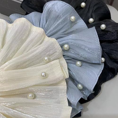 3Pcs Flowing Satin Scrunchies for Women Big Scrunchie with Pearl Pleated Satin Scrunchie Elastic Hair Ties White Black Blue Cute Scrunchy Ponytail Holders Large Scrunchies Womens Hair Accessories