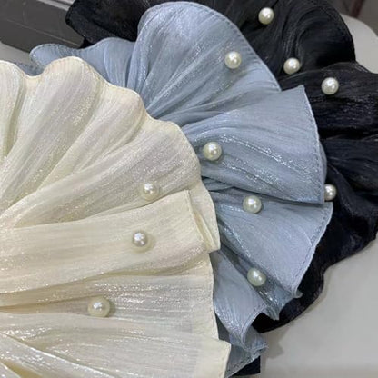 3Pcs Flowing Satin Scrunchies for Women Big Scrunchie with Pearl Pleated Satin Scrunchie Elastic Hair Ties White Black Blue Cute Scrunchy Ponytail Holders Large Scrunchies Womens Hair Accessories