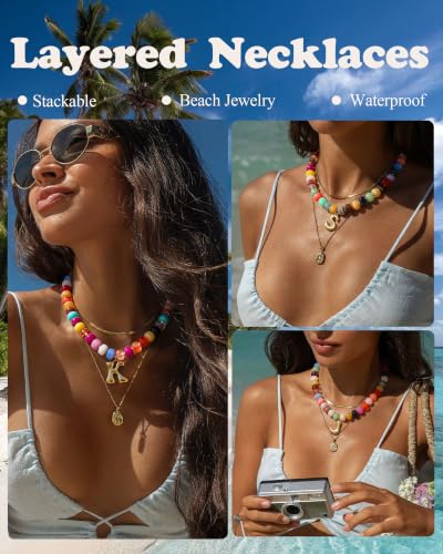 Colorful Chunky Beaded Necklaces for Women Bubble Letter Initial Choker | Boho Statement Bead Necklace, Personalized Rainbow Gemstone Necklaces, Baublebar Gold Necklace Stack, Summer Beach Jewelry - color: Initial Q