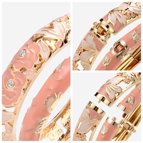 UJOY Womens Multi-Colors Cloisonne Bracelet Plated Flower Hollowed Enameled Hinged Cuff Bangles Jewelry Gift 88A10 - color: Pink-3 Pcs Set-A06