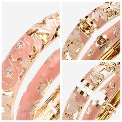 UJOY Womens Multi-Colors Cloisonne Bracelet Plated Flower Hollowed Enameled Hinged Cuff Bangles Jewelry Gift 88A10 - color: Pink-3 Pcs Set-A06