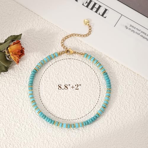 Natural Stone Beaded Anklets for Women Teen Girl Gifts Trendy Stuff Boho Anklet Colorful Bead Ankle Bracelets for Women Waterproof Handmade Beach Gifts Summer Jewelry Birthday Christmas Gift - color: Turquoise