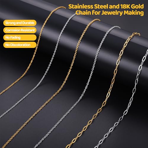 Zefy 18K Gold Silver Chain for Jewelry Making with 348 Pcs Charms | 19.7ft 6 Rolls Stainless Steel Chains Bulk Jump Rings Lobster Clasps Set for DIY Bracelet Necklace Crafts - size: Medium