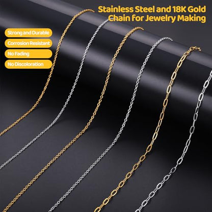 Zefy 18K Gold Silver Chain for Jewelry Making with 348 Pcs Charms | 19.7ft 6 Rolls Stainless Steel Chains Bulk Jump Rings Lobster Clasps Set for DIY Bracelet Necklace Crafts - size: Medium