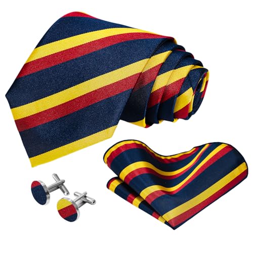 5PCS Mens Silk Tie, Pocket Square, Cufflinks, Drilled Tie Ring and Lapel Pin Set for Wedding Groom Party - color: Yellow Red Tie Set -269