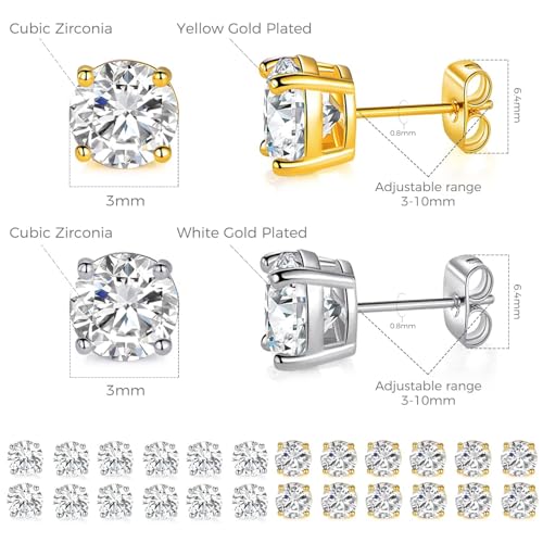 MDFUN Hypoallergenic CZ Stud Earrings Set for Women/Men,6 Pairs 18K Gold Plated Round 3-8mm Clear Cubic Zirconia Earring Pack Jewelry Gift - color: White and Yellow gold-3mm-12 pairs