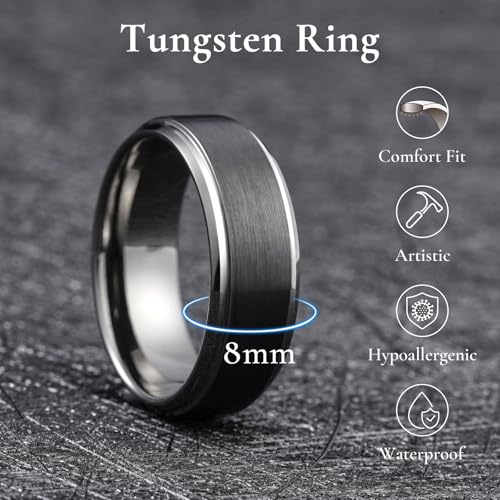 King Will Mens Brushed Wedding Band, Two Tone Matte Step Edges/Pipe Cut, Tungsten Carbide Anniversary Promise Rings Comfort Fit - color: Black&Gunmetal-8mm