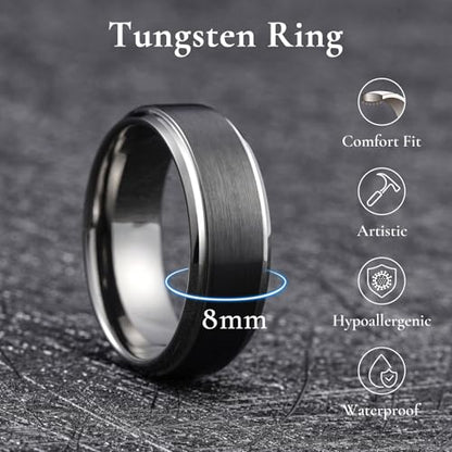 King Will Mens Brushed Wedding Band, Two Tone Matte Step Edges/Pipe Cut, Tungsten Carbide Anniversary Promise Rings Comfort Fit - color: Black&Gunmetal-8mm