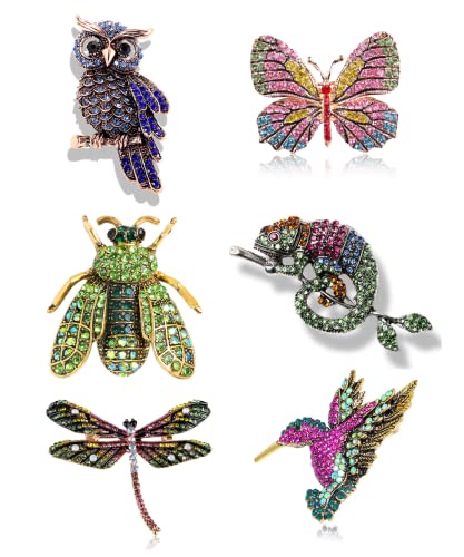 6Pcs Rhinestone Animal Brooch Set for Women | Rhinestone Vintage Colorful Pin Butterfly Owl Hummingbird Chameleon Dragonfly Animal Shape Brooch Pins For Women Girls