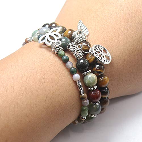 Tree of Life Yoga Healing Stone Bracelets,Multilayer Lotus Chakra Stone Reiki Bracelet Sets,Anxiety Crystal Natural Stone,for Women Stress Relief - style: Style 1 Indian Agate+Yellow Tiger Eye