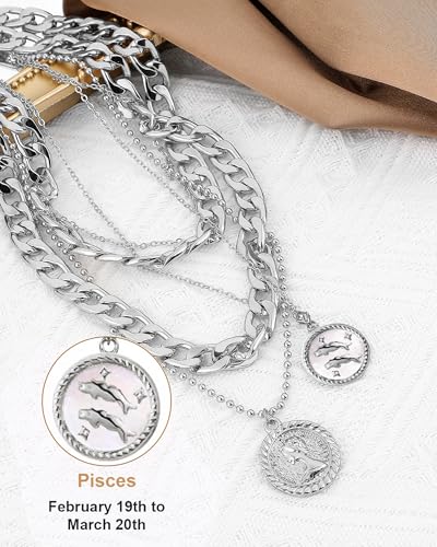 MJartoria Layered Necklaces for Women Trendy Retro Coin Pendant | Dainty Chunky Chain, Choker Necklaces, Jewelry Birthday Gifts - color: Silvery, style: Zodiac-Pisces-3PCS Layered