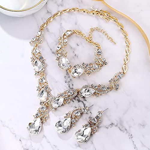 Wedding Bridal Jewelry Set for Women Prom Party Accessories | Shiny Multi Teardrop Cluster Crystal Statement Necklace Dangle Earrings Link Bracelet Set for Bride Bridesmaid - color: Clear Gold-Plated-Base