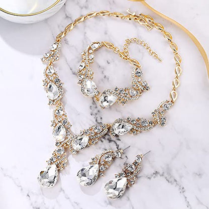 Wedding Bridal Jewelry Set for Women Prom Party Accessories | Shiny Multi Teardrop Cluster Crystal Statement Necklace Dangle Earrings Link Bracelet Set for Bride Bridesmaid - color: Clear Gold-Plated-Base
