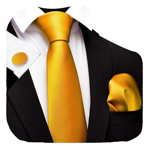 GUSLESON 3.15"（8cm） Solid Color Necktie and Pocket Square Cufflinks Sets For Men + Gift Box - color: Dark Gold