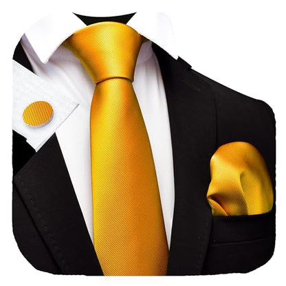 GUSLESON 3.15"（8cm） Solid Color Necktie and Pocket Square Cufflinks Sets For Men + Gift Box - color: Dark Gold