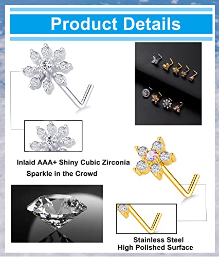 9Pcs Nose Rings Stud L Bone Screw Shaped Nose Ring Flower CZ Snowflake Butterfly Screw Nose Stud Body Piercing Jewelry for Women Men 20G Silver Gold Rose Gold Tone - color: H:Mixed Colors
