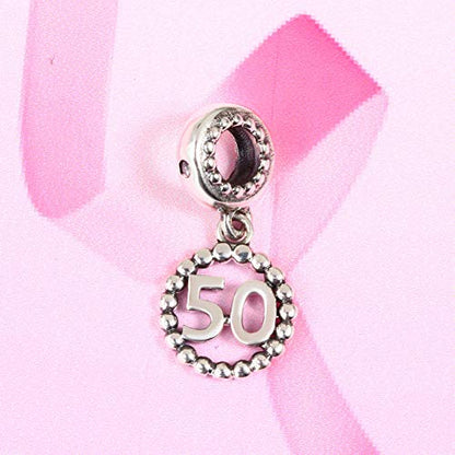 5,10,15,16,17,18,20,21,25,30,35,40,42,49,50,55,60,65,70 Number Charms for European Bracelet, 925 Sterling Silver Birthday Pendant Beads with CZ, Gifts for Mothers Day/Anniversary - color: Silver Color Number 50 Charm