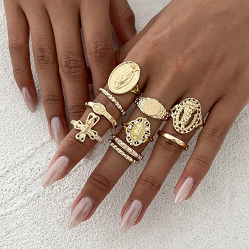 Chunky Gold Rings for Women Rhinestone Stackable Knuckle Ring Set Open Adjustable Statement Ring Set Dainty Crown Cross Midi Rings Fashion Jewelry Gift for Women - color: Gold5