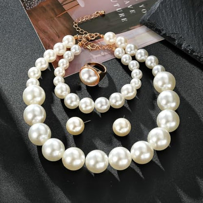 Colorful Round Beaded Earrings Neacklace Set Retro Imitation Pearls Beaded Bracelet Geometric Acrylic Beads Dangle Earrings 70s 80s Exaggerated Necklace Bracelet Jewelry - color: White B