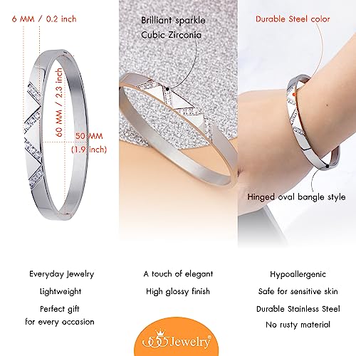 555Jewelry Womens Sparkling Cubic Zirconia Secure Hinge Lock Bangle Stainless Steel Bracelet - color: Silver Style 2