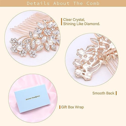 Rose Gold Wedding Hair Comb With Pearls and Crystals Wedding Hair Accessories Bridal Headpiece Or For Parties (Rose God) - color: Rose Gold