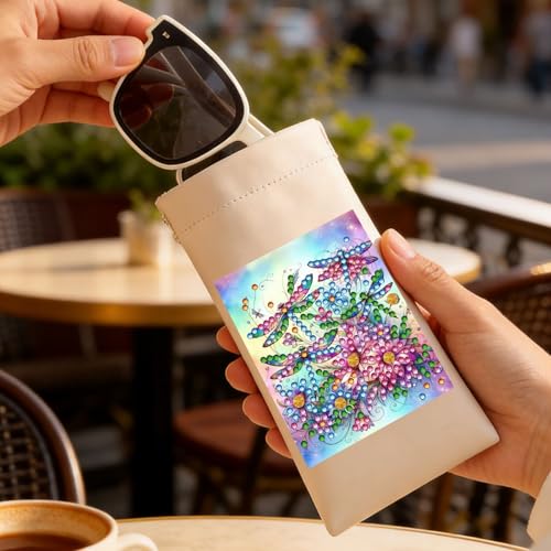 Diamond Art Painting Eye Glass Bag PU Sunglasses Glasses Storage Bag Built-in Glasses Cloth Press Automatic Closure - color: Dragonfly
