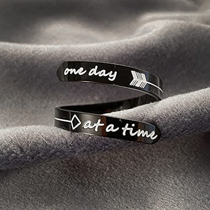 Opening Black Keep Going ring Stainless Steel Adjustable Never give up Jewelry Inspirational Opening Stacking Cute Hiphop Band - style: One day at a time
