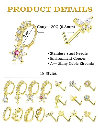 Akeoqi 18Pcs Nose Rings Hoops L Shape Nose Studs Screw Bone CZ Butterfly Flower Cross Leaf Star Crown Heart Nose Nostril Piercings Jewelry Set For Women Men Gold Silver Tone 20G - color: A1:Gold-18PCS