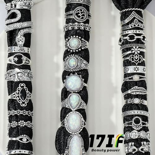17IF Vintage Silver Knuckle Rings Set for Women Men, Chunky Boho Rings | Aesthetic Snake Grunge Stackable Gothic Ring Adjustable Y2K Punk Bulky Finger Alt of Rings, Stacking Flower Midi Ring Pack - style: 42
