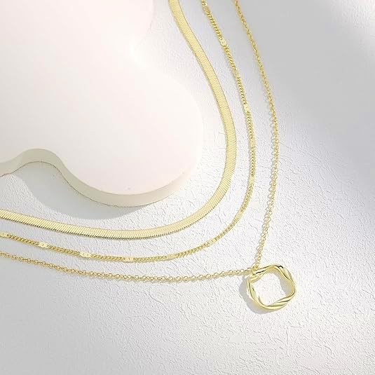 Evabelle Gold Layered Necklace for Women Trendy Jewelry 14K Real Gold Plated Chunky Chain Stackable Necklaces Dainty Choker Necklaces Rectangle Square Pendant - color: Gold Necklace 08-B