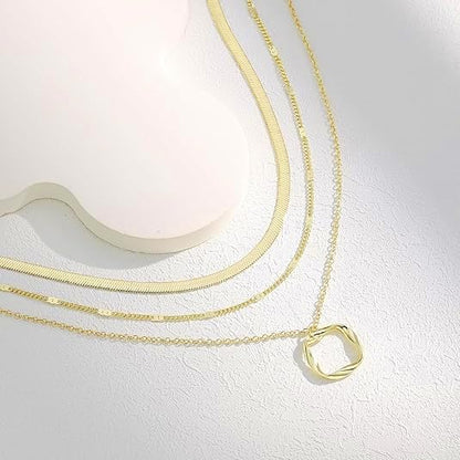 Evabelle Gold Layered Necklace for Women Trendy Jewelry 14K Real Gold Plated Chunky Chain Stackable Necklaces Dainty Choker Necklaces Rectangle Square Pendant - color: Gold Necklace 08-B
