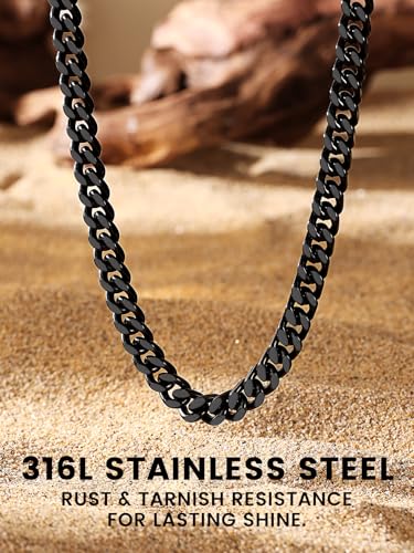 Bestyle Thick Stainless Steel Mens Cuban Link Chain, Black/Gold Chain for Men, No Tarnish & Durable Men Chain Necklace, 5/7/9/12mm Wide, 18"-30" Long, Gift Package - style: 7mm Wide-Black Metal Plated