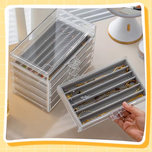 SPAKOWN Necklace Organizer Box with 5 Drawers 30 Compartments | Dustproof Velvet Necklace Tray Acrylic Necklaces Display Case Pendant Chains Storage Tray Gift for Women and Girls (Grey) - color: Grey
