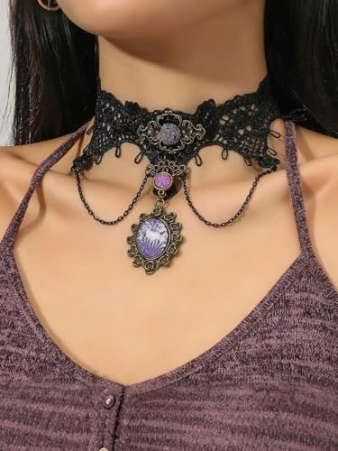 Lace Choker Necklace for Women Tassel Pendant Choker Necklaces Elegant Boho Collar Necklaces Statement Artistic Chain Necklace with Pearl Halloween Party Cosplay Costume Jewelry - color: Black Lace Flower