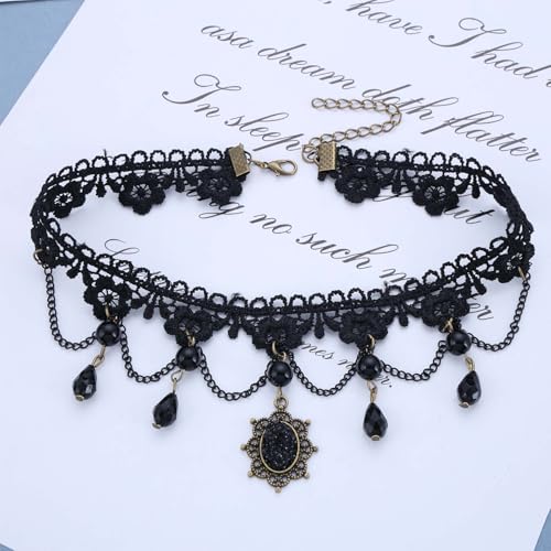 Wide Black Lace Choker Necklace Gothic Lace Pearl Tassel Necklace Short Hollow Flower Tattoo Necklaces Waterdrop Rhinestone Necklaces Halloween Wedding Party Jewelry - style: Style2
